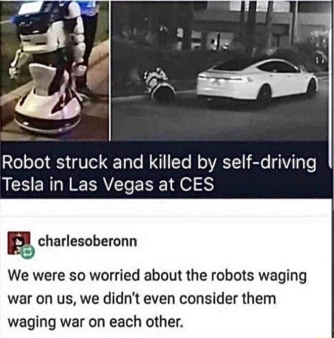 R Robot struck and killed by self driving LS ERIN RV ENE H o1 3 charlesoberonn We were so worried about the robots waging war on us we didnt even consider them waging war on each other