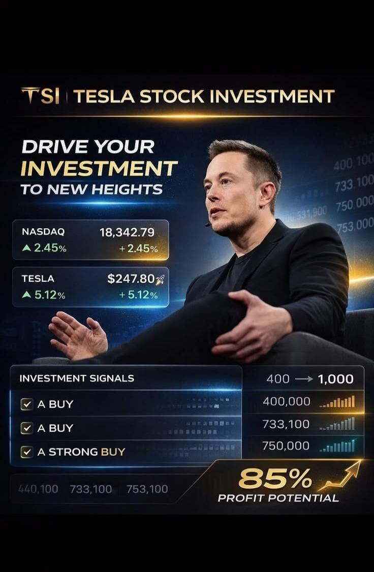 TSI Tesla Stock Investment. Drive your investment to new heights. NASDAQ 18,342.79 ▲ 2.45% + 2.45%. Tesla $247.80 ▲ 5.12% + 5.12%. Investment Signals: A Buy, A Buy, A Strong Buy. 400 → 1,000. 400,000, 733,100, 750,000. 85% Profit Potential.