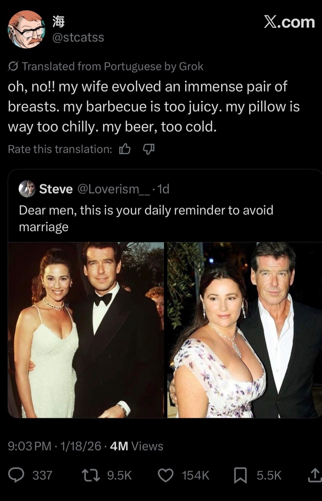 oh, no!! my wife evolved an immense pair of breasts. my barbecue is too juicy. my pillow is way too chilly. my beer, too cold.