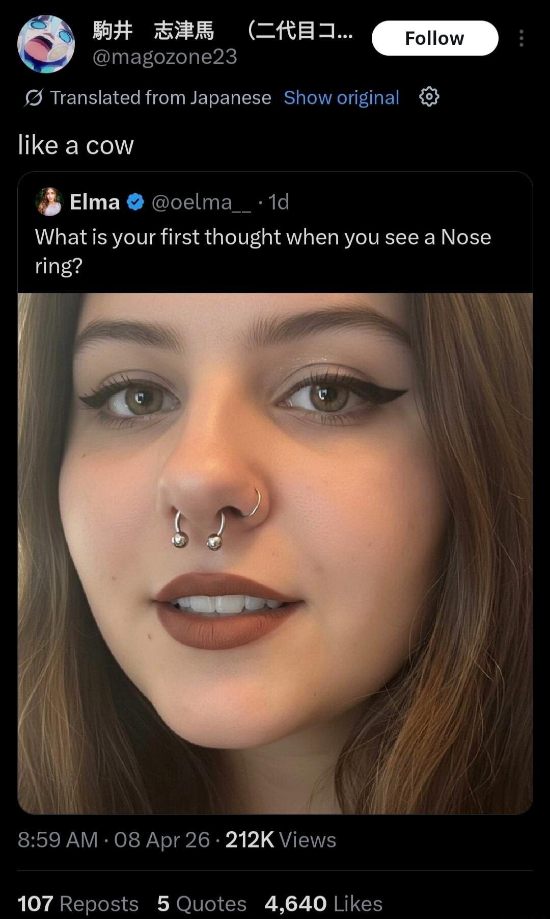 A social media post shows a close-up of a woman's face with two nose piercings. The post includes a question: 