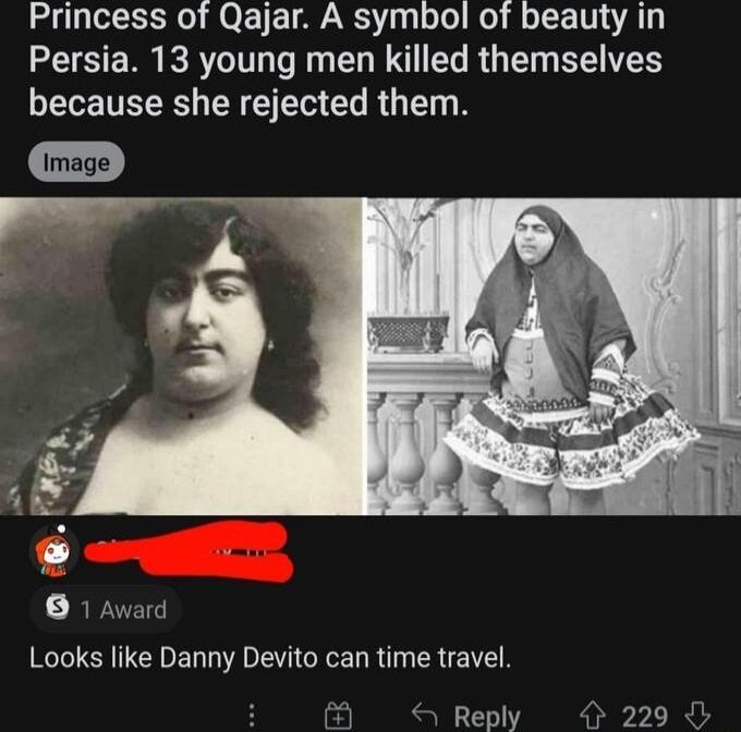 Princess of Qajar A symbol of beauty in Persia 13 young men killed themselves LIRS N I CL R G E R Looks like Danny Devito can time travel Reply O 229