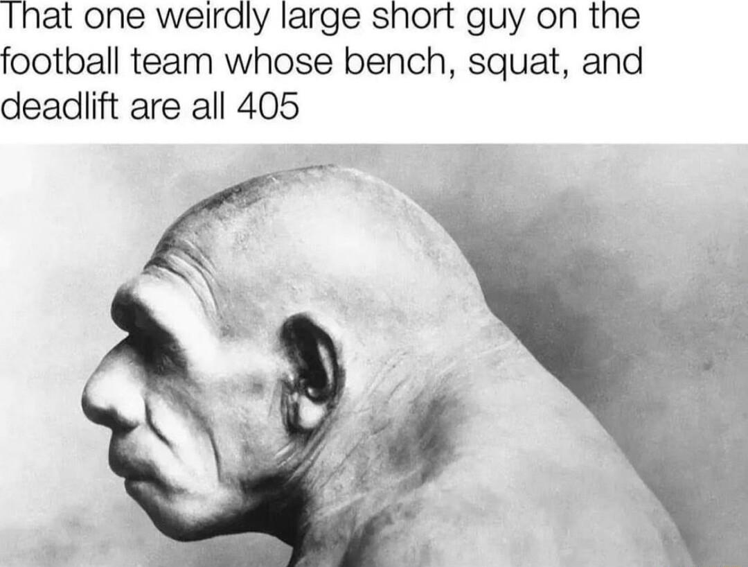Ihat one weirdly large short guy on the football team whose bench squat and deadlift are all 405