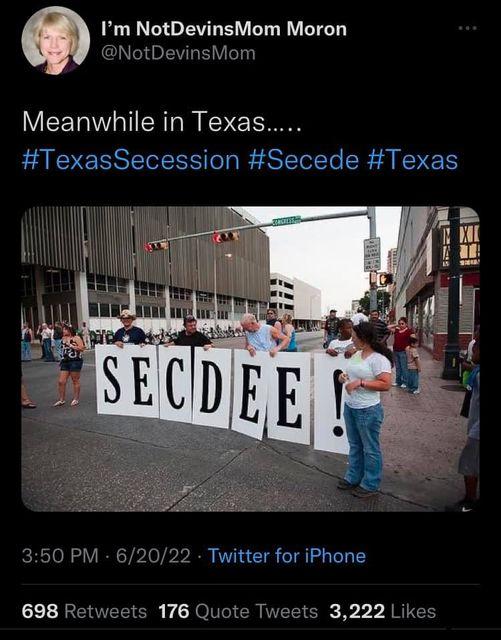 Q m NotDevinsMom Moron NotDevinsMorr Meanwhile in Texas TexasSecession Secede Texas 350 PM 62022 Twitter for iPhone REEECR Jo N CR ITESTEg B JRIEH