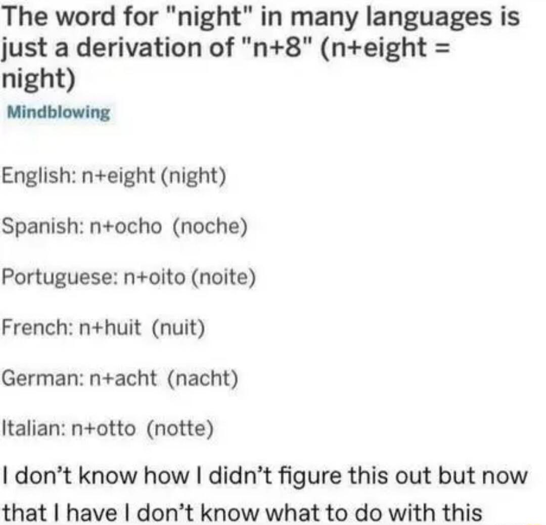 The word for night in many languages is just a derivation of n8 neight night Mindblowing English neight night Spanish nocho noche Portuguese noito noite French nhuit nuit German nacht nacht Italian notto notte dont know how didnt figure this out but now that have dont know what to do with this