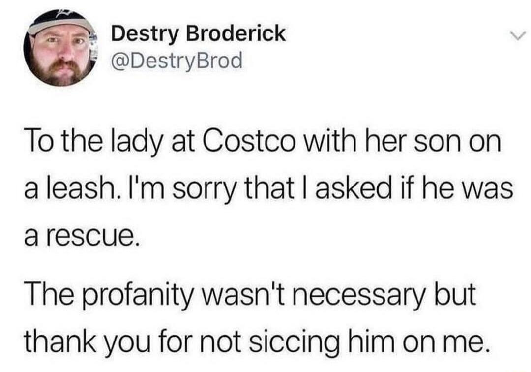 Destry Broderick j DestryBrod To the lady at Costco with her son on aleashIm sorry that asked if he was arescue The profanity wasnt necessary but thank you for not siccing him on me