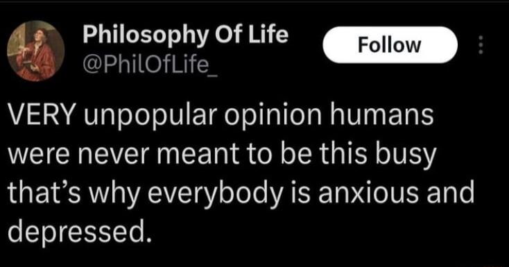 s Philosophy Of Life Foll PhilOfLife VERY unpopular opinion humans were never meant to be this busy thats why everybody is anxious and depressed