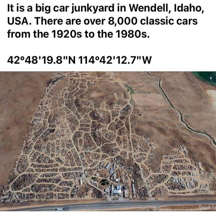 It is a big car junkyard in Wendell, Idaho, USA. There are over 8,000 classic cars from the 1920s to the 1980s. 42°48'19.8
