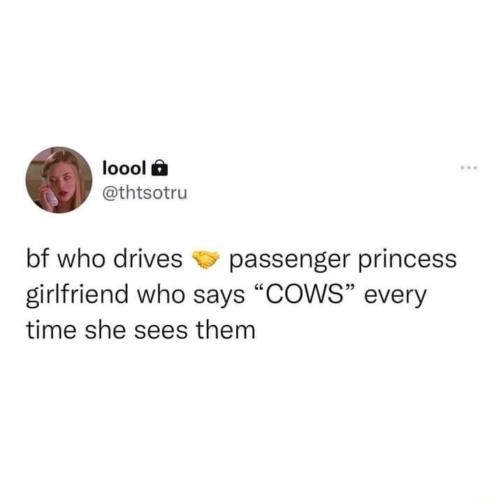 loool thtsotru bf who drives passenger princess girlfriend who says COWS every time she sees them