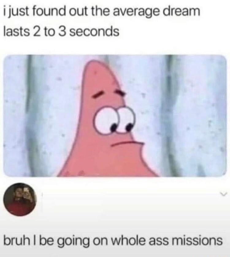 ijust found out the average dream lasts 2 to 3 seconds T bruh be going on whole ass missions