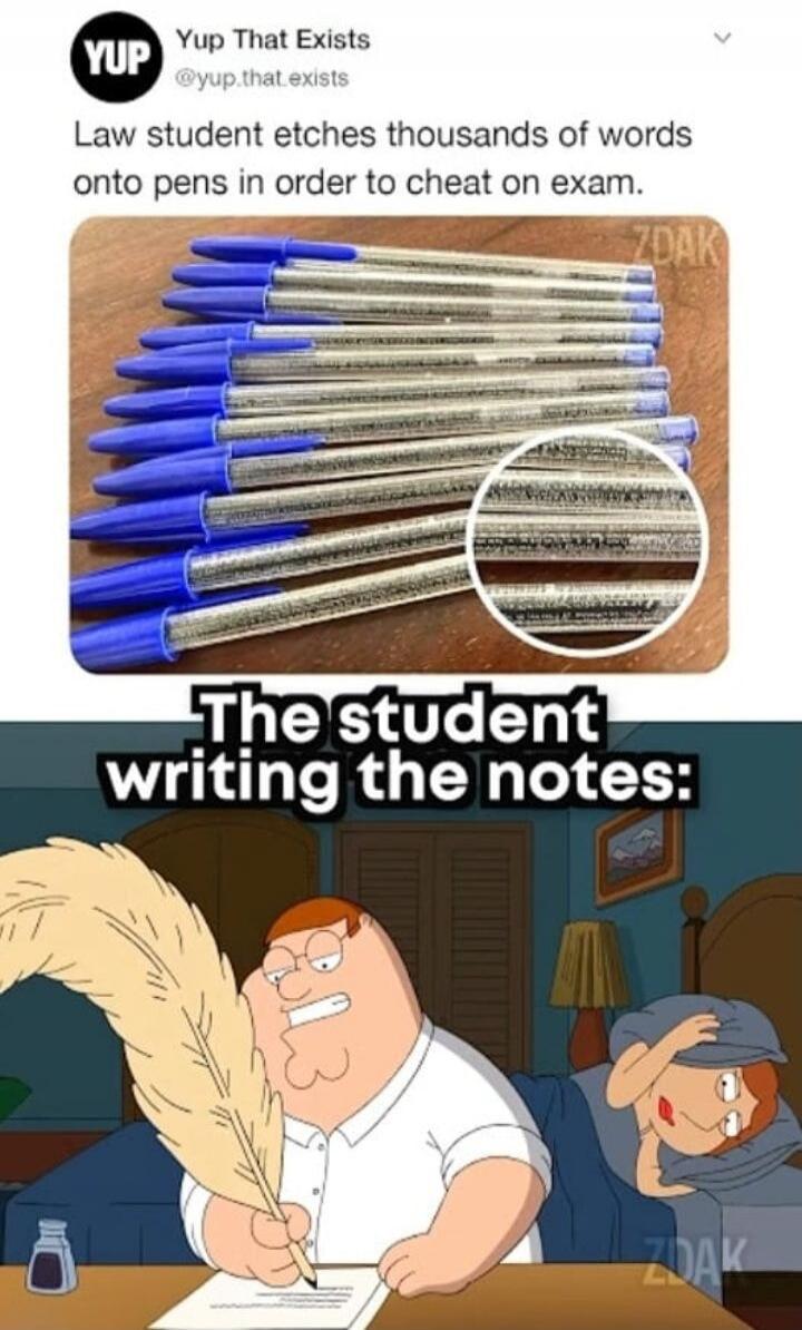 Law student etches thousands of words onto pens in order to cheat on exam.\nThe student writing the notes: