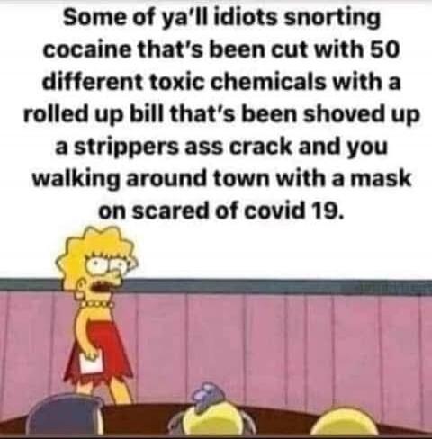 Some of ya'll idiots snorting cocaine that's been cut with 50 different toxic chemicals with a rolled up bill that's been shoved up a strippers ass crack and you walking around town with a mask on scared of covid 19.