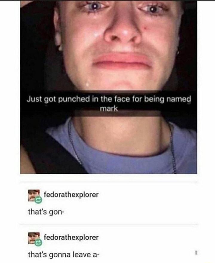 Just got punched in the face for being named mark fedorathexplorer thats gon fedorathexplorer thats gonna leave a