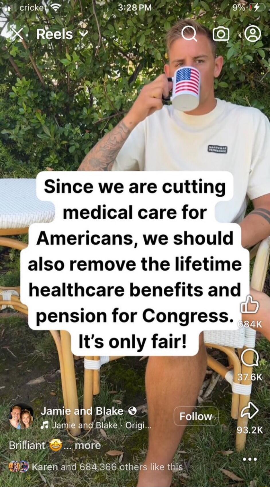 Since we are cutting medical care for Americans, we should also remove the lifetime healthcare benefits and pension for Congress. It’s only fair!