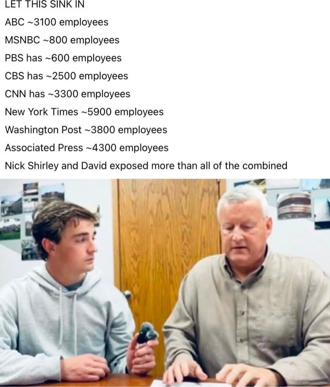 LET THIS SINK IN
ABC ~3100 employees
MSNBC ~800 employees
PBS has ~600 employees
CBS has ~2500 employees
CNN has ~3300 employees
New York Times ~5900 employees
Washington Post ~3800 employees
Associated Press ~4300 employees
Nick Shirley and David exposed more than all of the combined