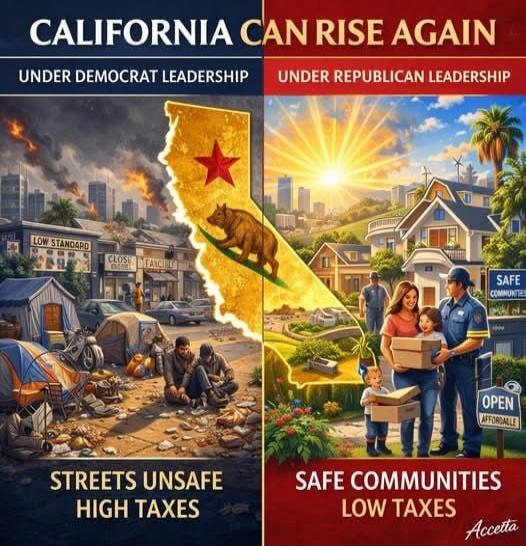 CALIFORNIA CAN RISE AGAIN UNDER DEMOCRAT LEADERSHIP UNDER REPUBLICAN LEADERSHIP STREETS UNSAFE HIGH TAXES SAFE COMMUNITIES LOW TAXES