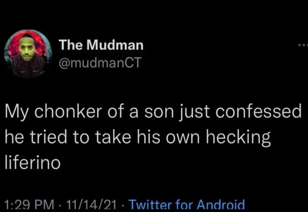 Q The Mudman T EL My chonker of a son just confessed he tried to take his own hecking liferino 129 PM 111421 Twitter for Android
