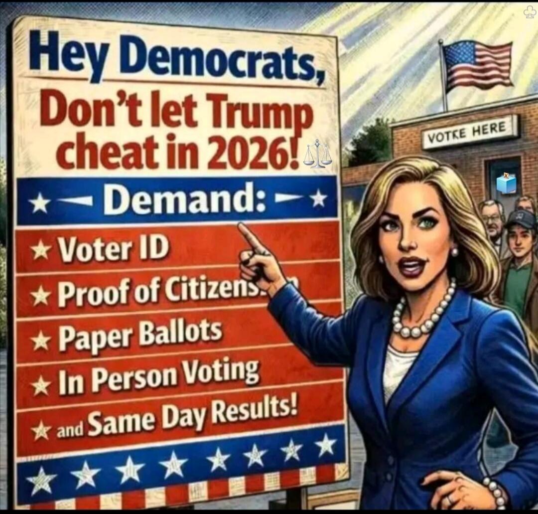 Hey Democrats, Don't let Trump cheat in 2026! Demand: Voter ID, Proof of Citizens, Paper Ballots, In Person Voting, and Same Day Results! VOTE HERE
