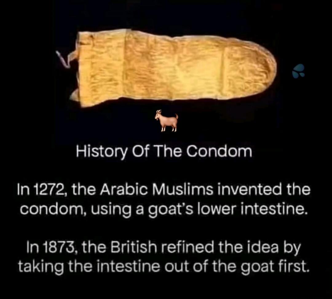 History Of The Condom In 1272, the Arabic Muslims invented the condom, using a goat's lower intestine. In 1873, the British refined the idea by taking the intestine out of the goat first.