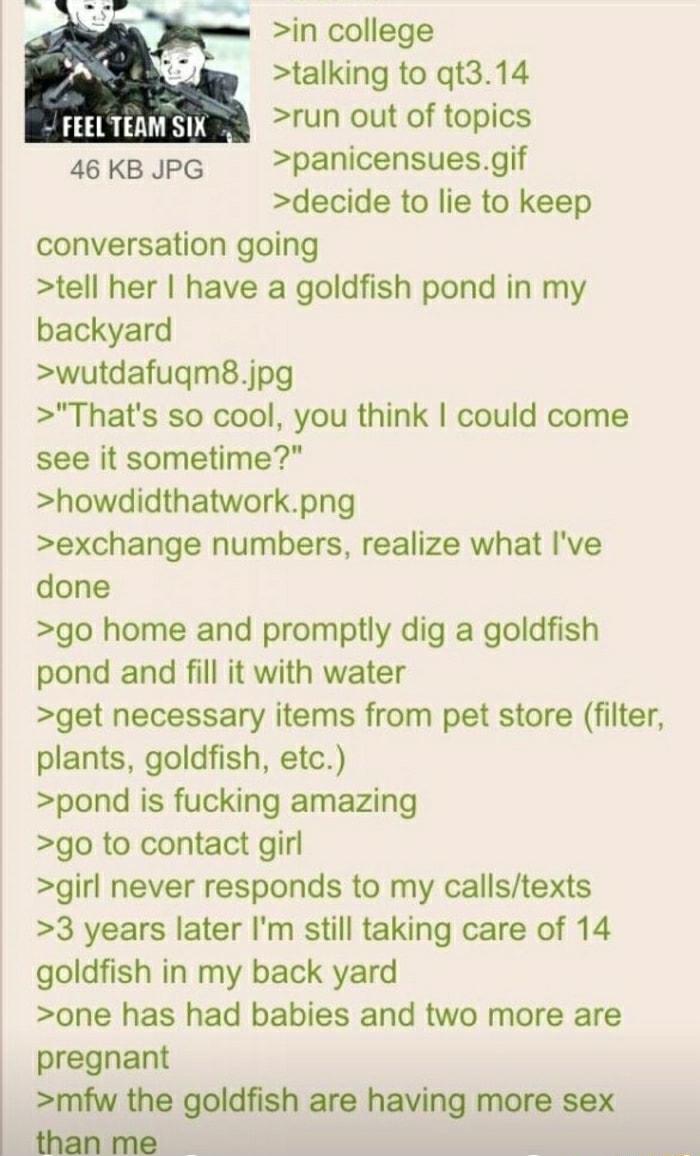 in college talking to qt314 run out of topics 46 KB JPG panicensuesgif decide to lie to keep conversation going tell her have a goldfish pond in my backyard wutdafuqm8jpg Thats so cool you think could come see it sometime howdidthatworkpng exchange numbers realize what Ive done go home and promptly dig a goldfish pond and fill it with water get necessary items from pet store filter plants goldfish