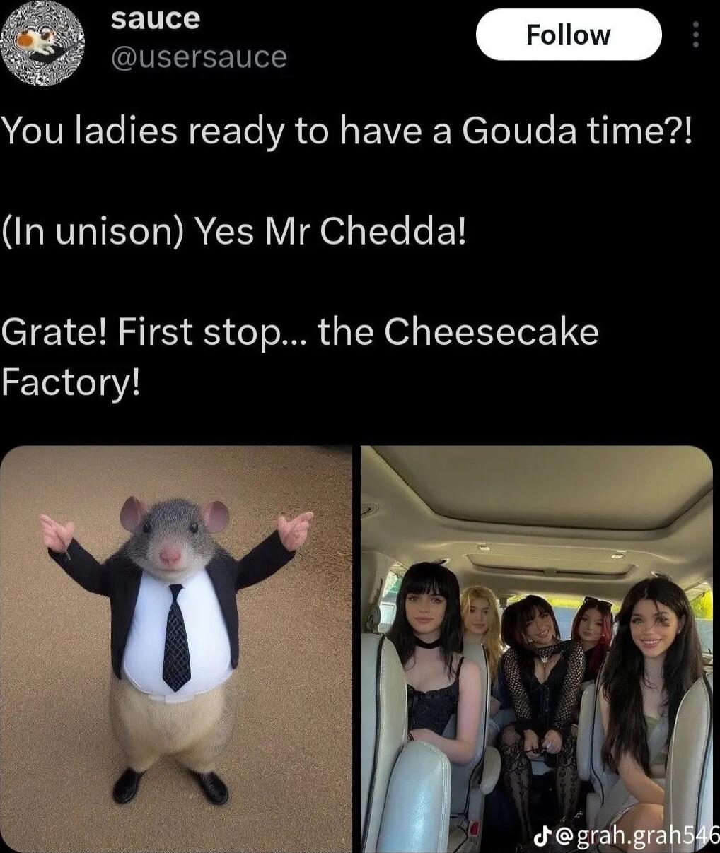 sauce Follow H usersauce You ladies ready to have a Gouda time In unison Yes Mr Chedda Grate First stop the Cheesecake Factory