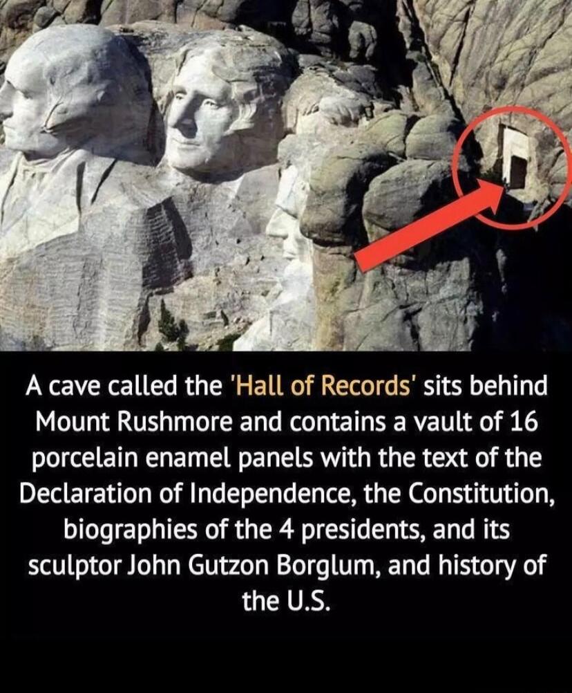 A cave called the Hall of Records sits behind I ST G EE NG G T SERE T porcelain enamel panels with the text of the Declaration of Independence the Constitution biographies of the 4 presidents and its sculptor John Gutzon Borglum and history of the US
