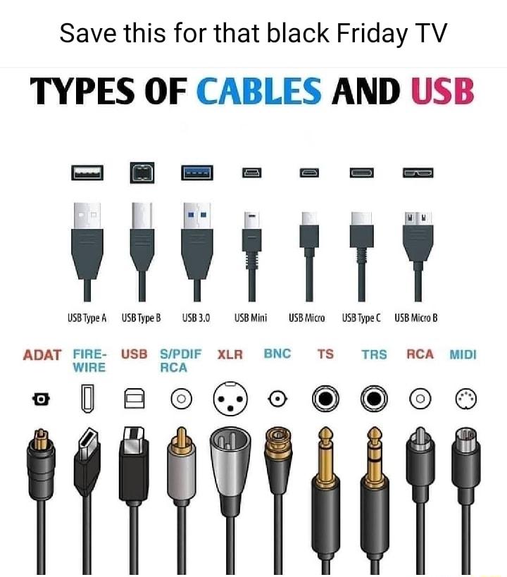 Save this for that black Friday TV TYPES OF CABLES AND USB B B om USBTypeA USBTypeB USB30 USB Mini USBMico USBTypeC USB Micro B ADAT FIRE USB SPDIF XLR BNC TS TRS RCA MIDI WIRE RCA e BOe O T