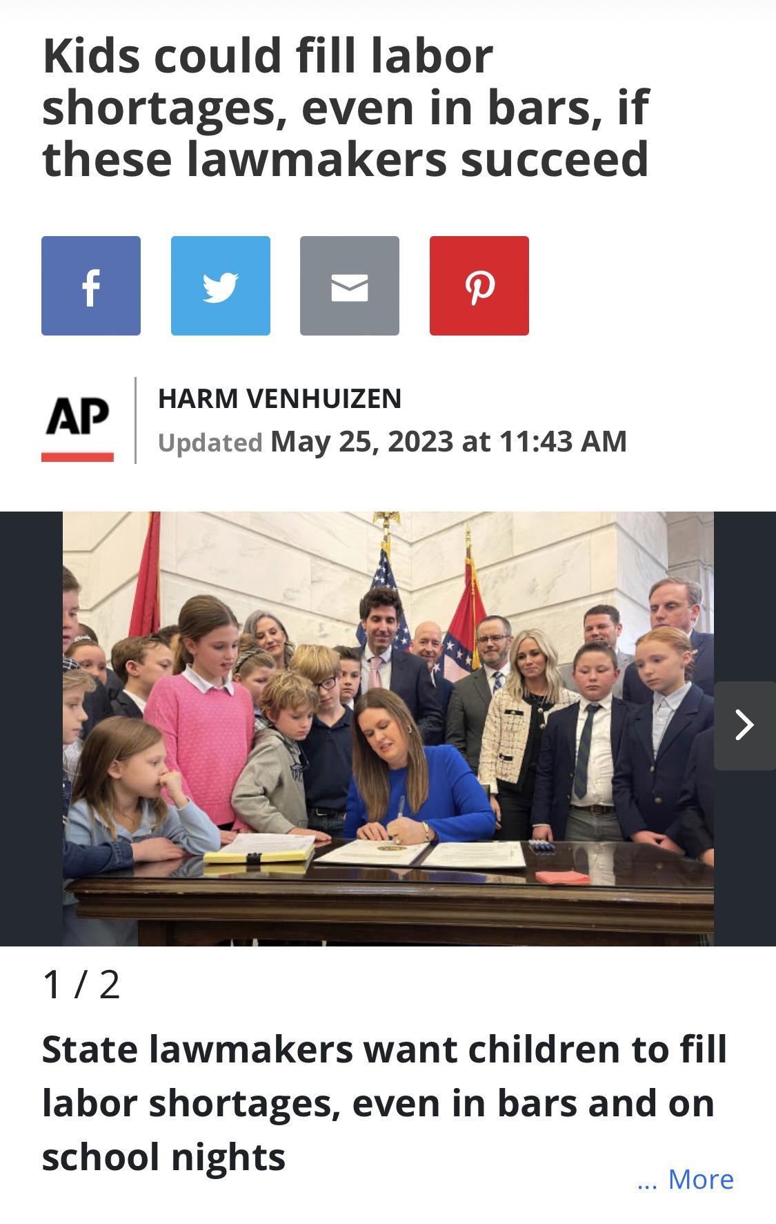 Kids could fill labor shortages even in bars if these lawmakers succeed AP HARM VENHUIZEN Updated May 25 2023 at 1143 AM 142 State lawmakers want children to fill labor shortages even in bars and on school nights More