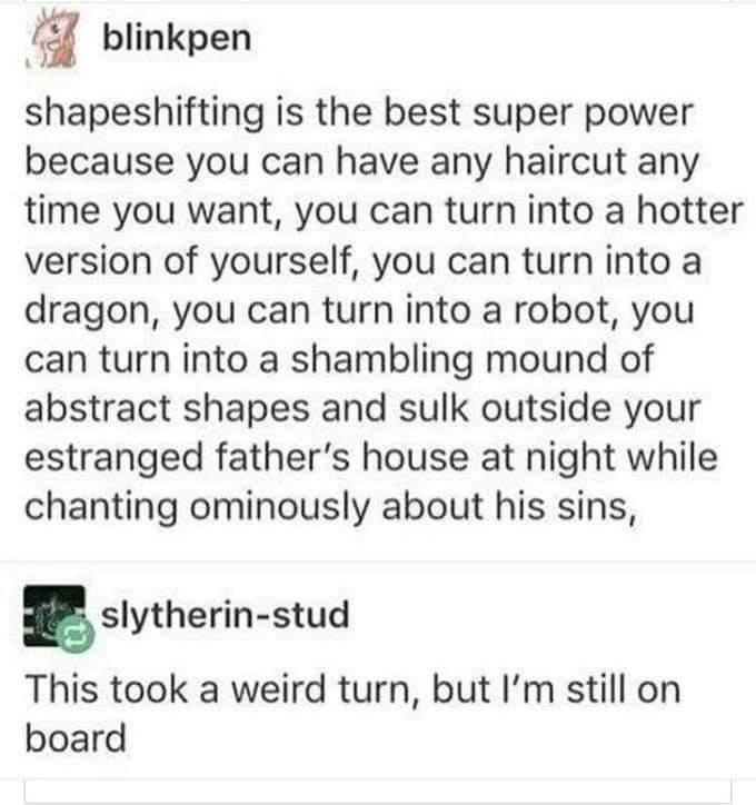 g blinkpen shapeshifting is the best super power because you can have any haircut any time you want you can turn into a hotter version of yourself you can turn into a dragon you can turn into a robot you can turn into a shambling mound of abstract shapes and sulk outside your estranged fathers house at night while chanting ominously about his sins Eslytherin stud This took a weird turn but Im stil