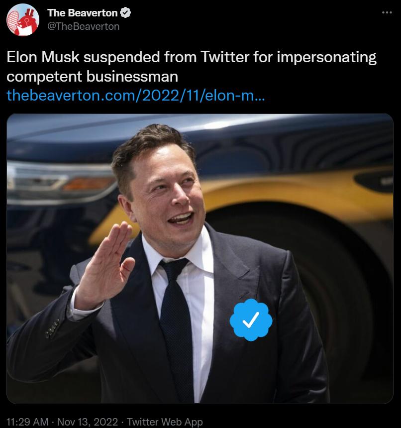 The Beaverton Elon Musk suspended from Twitter for impersonating competent businessman thebeavertoncom202211elon m 1129 AM Now