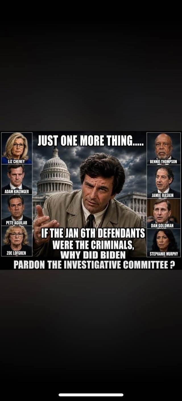 JUST ONE MORE THING... LIZ CHENEY ADAM KINZINGER PETE AGUILAR ZOE LOFGREN BENNIE THOMPSON JAMIE RASKIN DAN GOLDMAN STEPHANIE MURPHY IF THE JAN 6TH DEFENDANTS WERE THE CRIMINALS, WHY DID BIDEN PARDON THE INVESTIGATIVE COMMITTEE ?