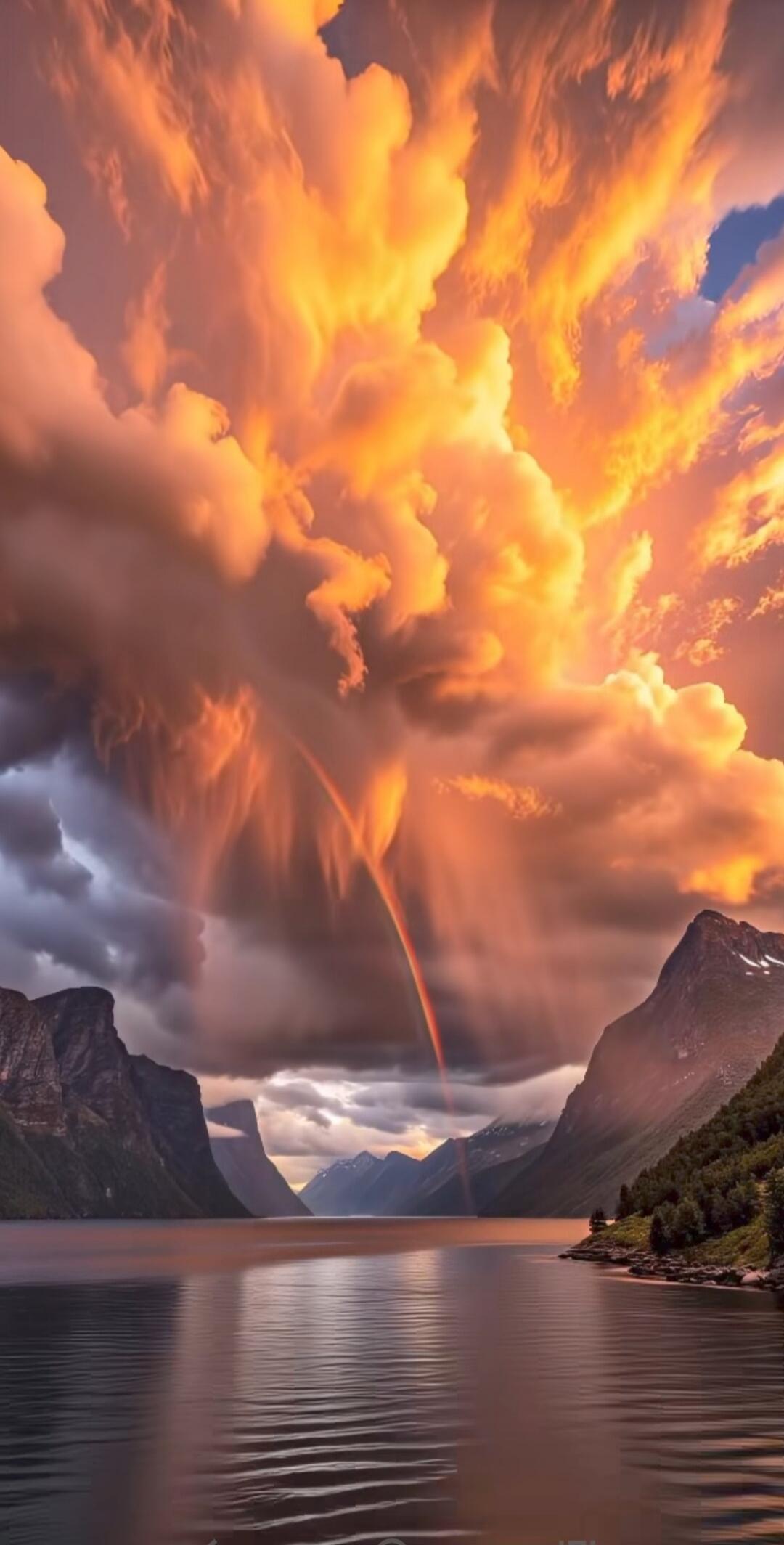 Rainbow over a calm fjord with dramatic orange clouds at sunset, surrounded by mountains.