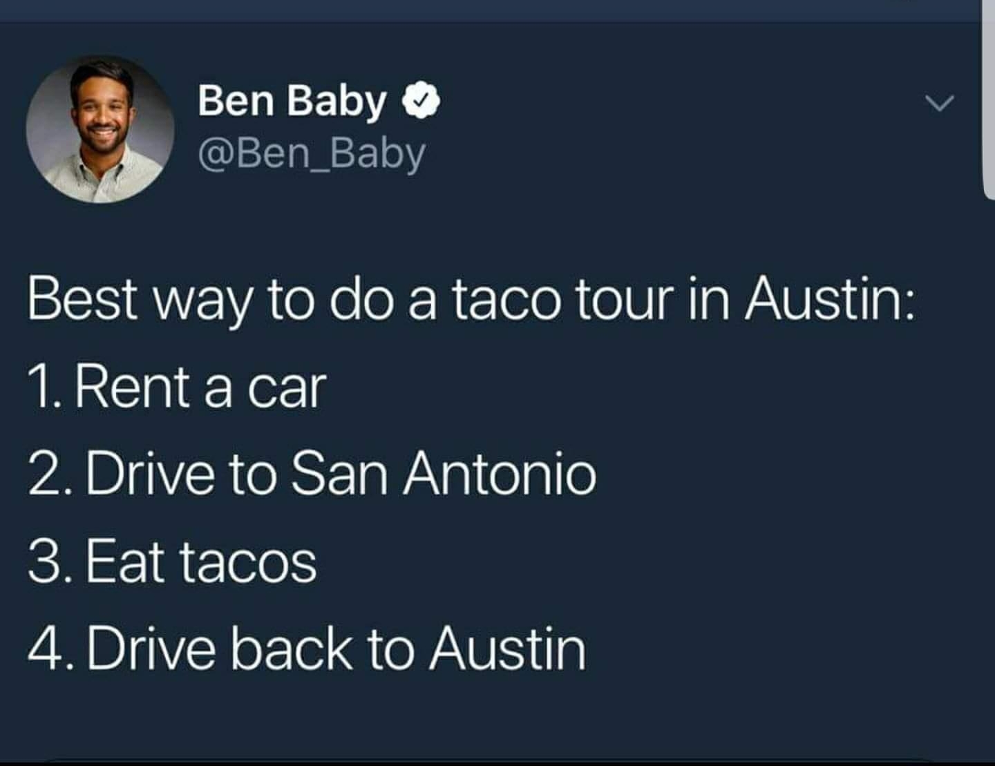 a Ben Baby Ben_Baby Best way to do a taco tour in Austin 1Renta car A R eI TaWANpitelge 3 Eat tacos ARDIaVY o Te Qe WAV ip