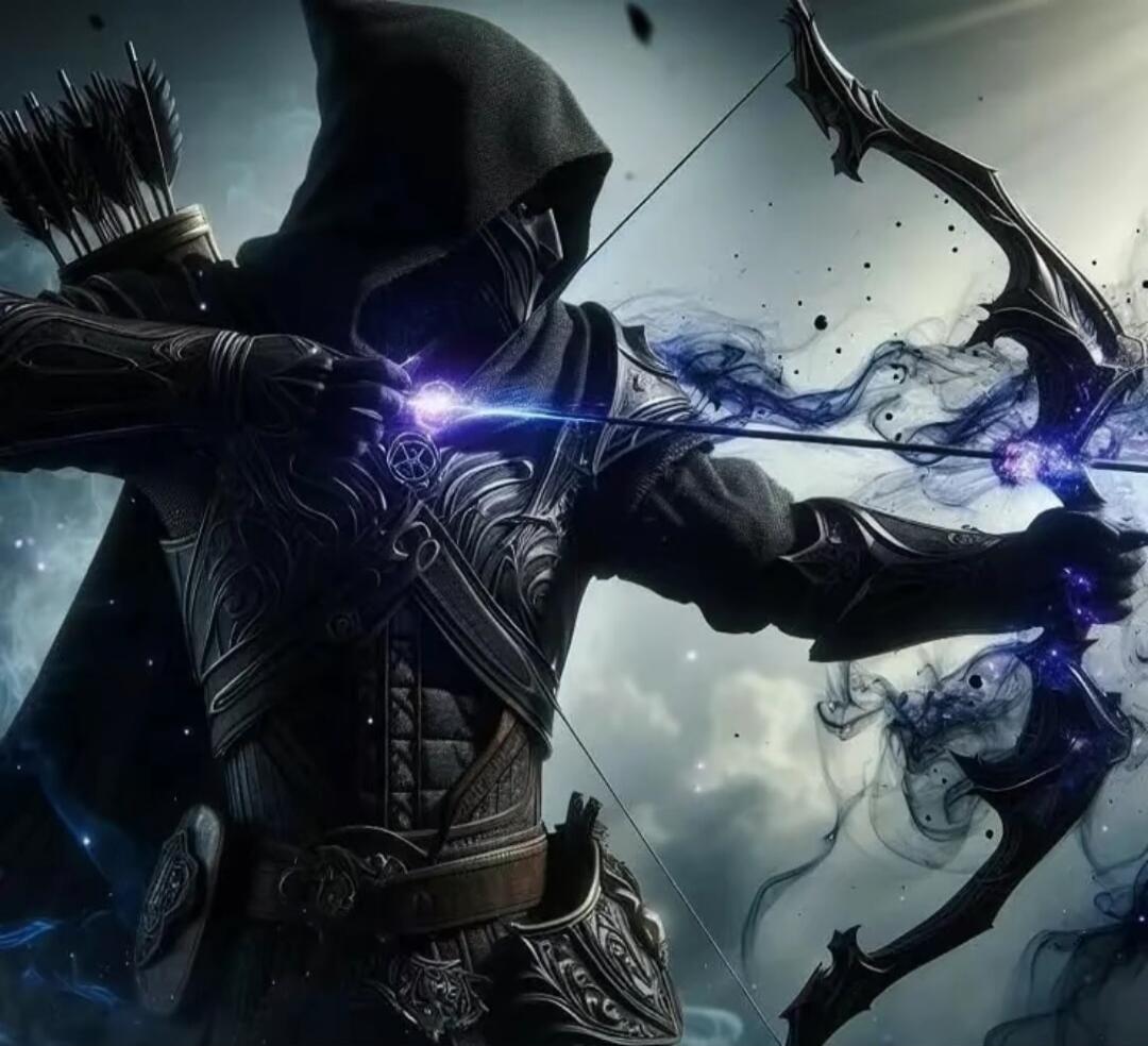 A hooded archer drawing a glowing purple bow in a dramatic action pose.