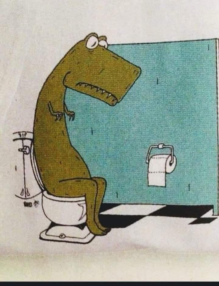 A dinosaur-like creature sitting on a toilet, looking sad or constipated.