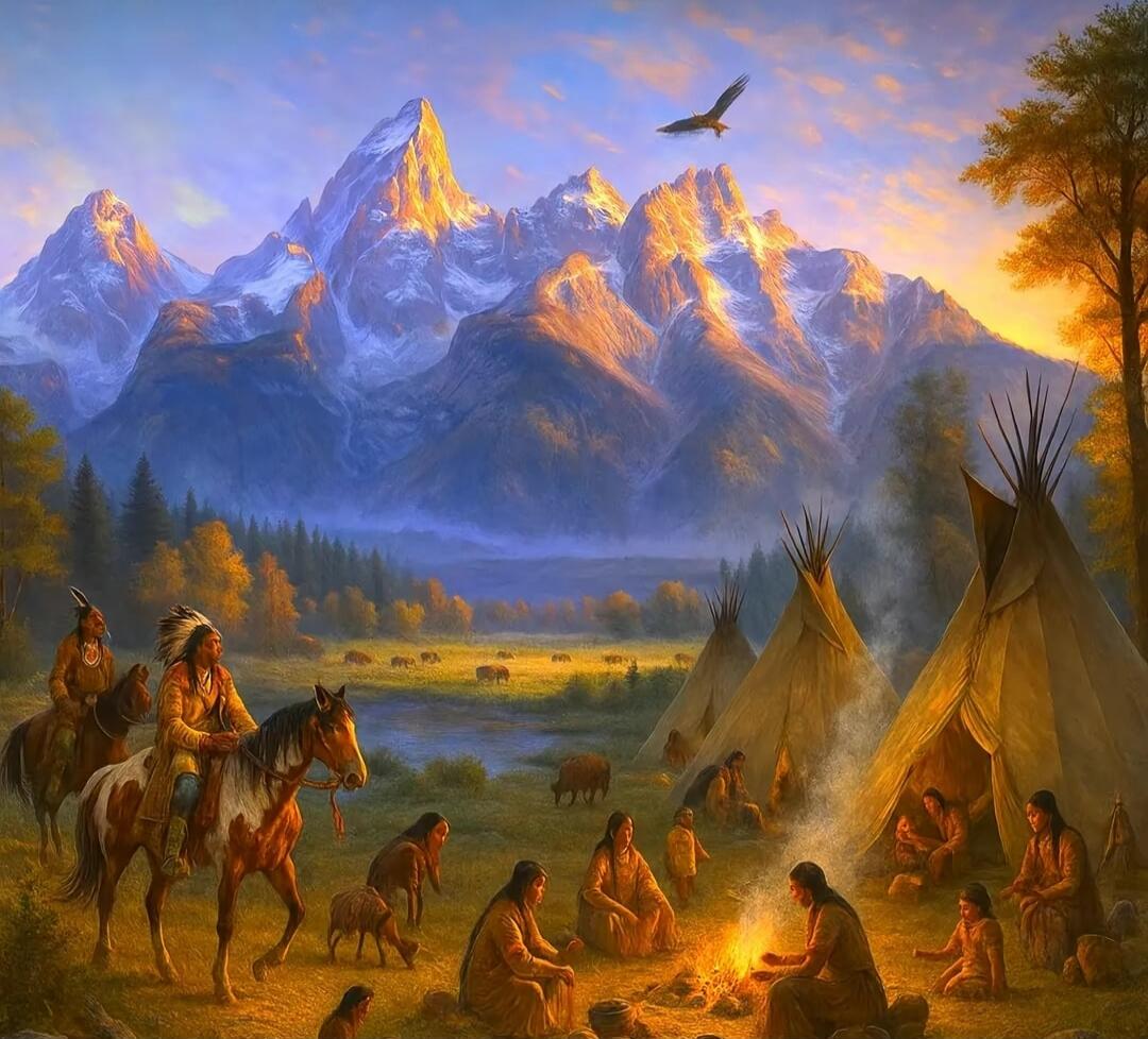 A vivid pastoral scene: a mountainous landscape with snow-capped peaks in the background, a forested valley, and a small camp along a river. In the foreground, people are gathered around a glowing campfire near several tepees. Some individuals are on horseback or tending to the fire, while others sit or converse. A bird soars above the camp as the 