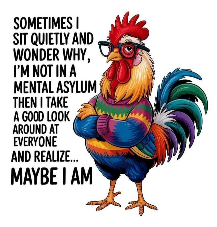 SOMETIMES I SIT QUIETLY AND WONDER WHY, I’M NOT IN A MENTAL ASYLUM THEN I TAKE A GOOD LOOK AROUND AT EVERYONE AND REALIZE... MAYBE I AM