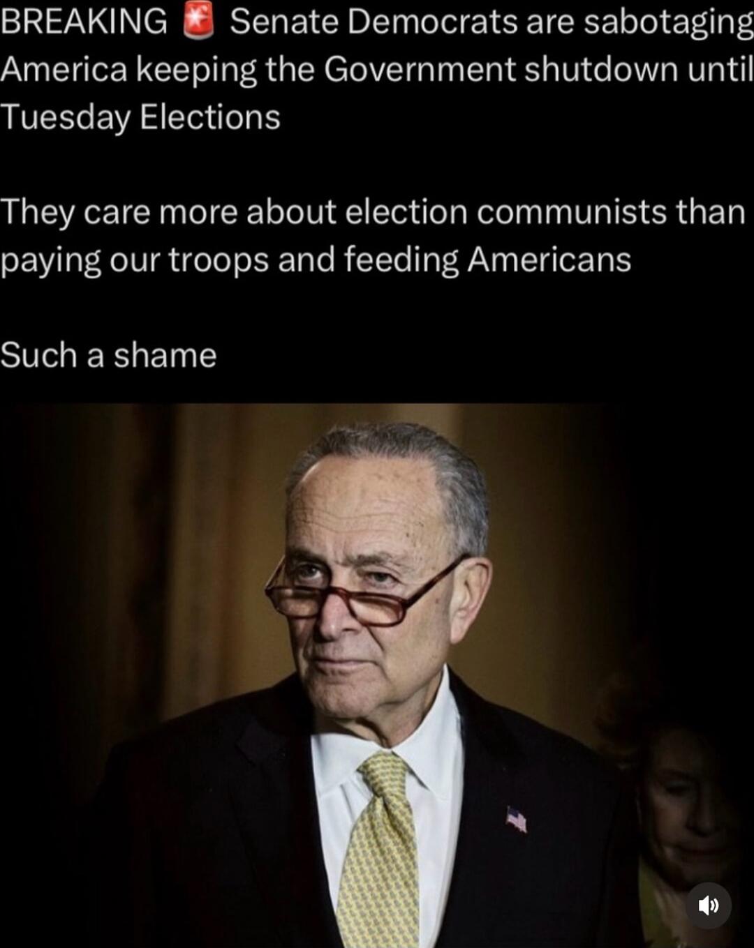 BREAKING 🚩 Senate Democrats are sabotaging America keeping the Government shutdown until Tuesday Elections They care more about election communists than paying our troops and feeding Americans Such a shame