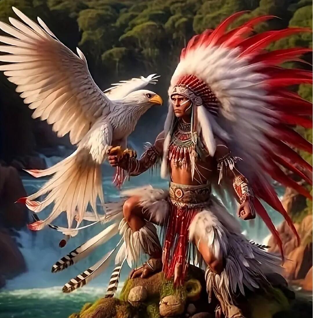 A Native American man wearing a feathered headdress stands on rocks by the water, reaching out to a white eagle perched near him. The scene is a dramatic fantasy artwork with vibrant red and white feathers and a natural backdrop.