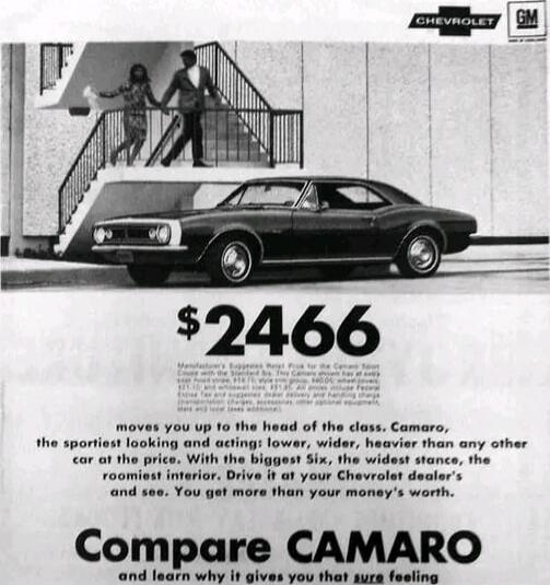 $2466
moves you up to the head of the class. Camaro, the sportiest looking and acting, lower, wider, heavier than any other car at the price. With the biggest six, the widest stance, the roomiest interior. Drive it at your Chevrolet dealer’s and see. You get more than your money’s worth.

Compare CAMARO
and learn why it gives you that sure feeling