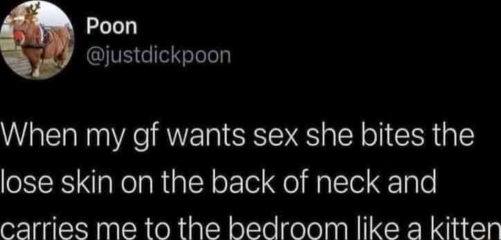 Poon S e eFeTels When my gf wants sex she bites the lose skin on the back of neck and carries me to the bedroom like a kitten