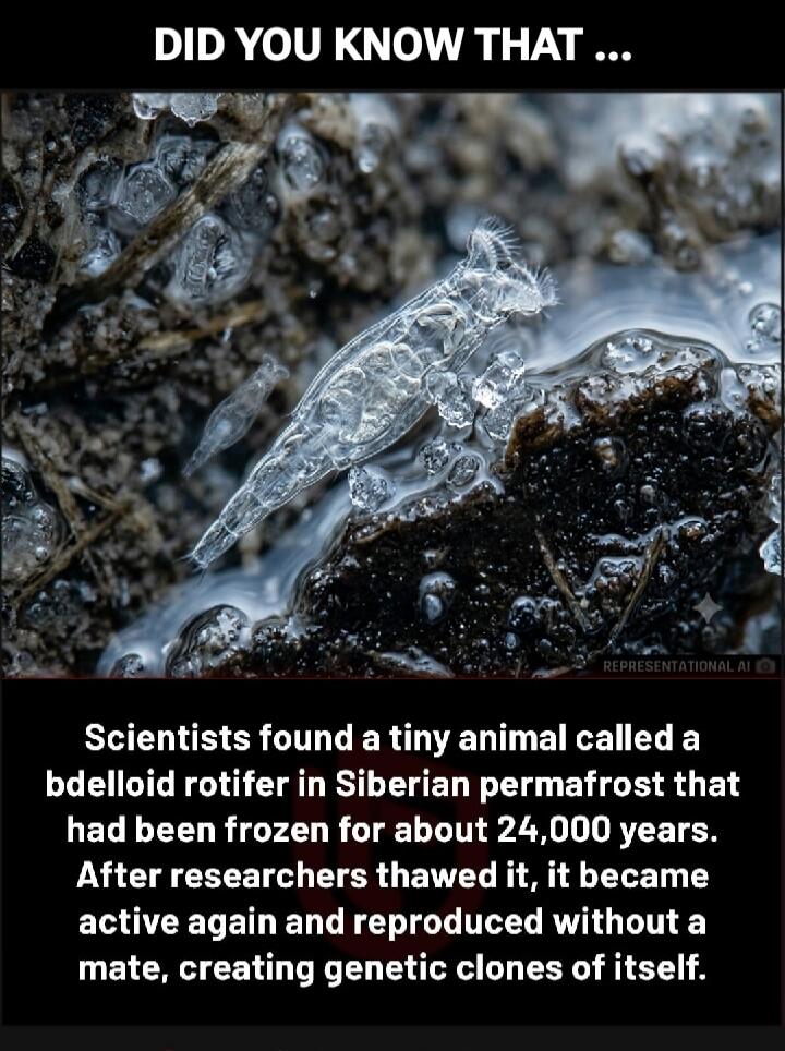 DID YOU KNOW THAT ... Scientists found a tiny animal called a bdelloid rotifer in Siberian permafrost that had been frozen for about 24,000 years. After researchers thawed it, it became active again and reproduced without a mate, creating genetic clones of itself.