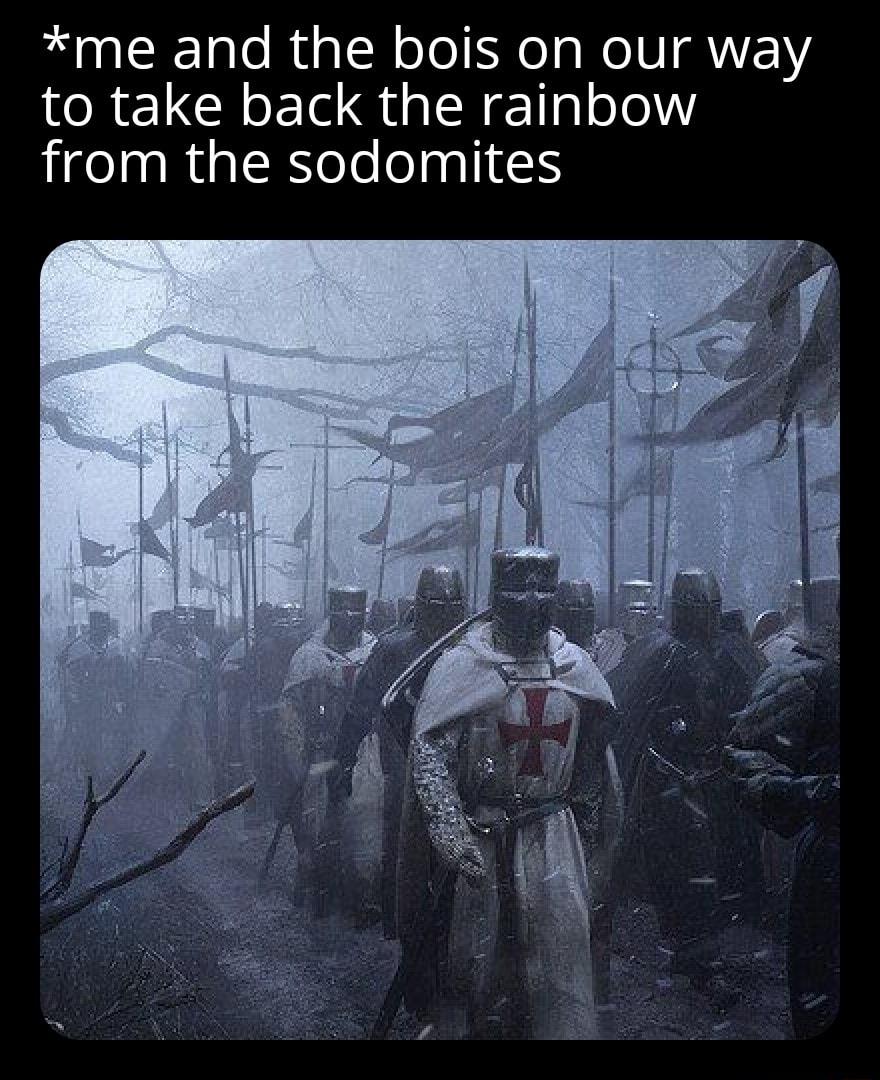 me and the bois on our way to take back the rainbow from the sodomites