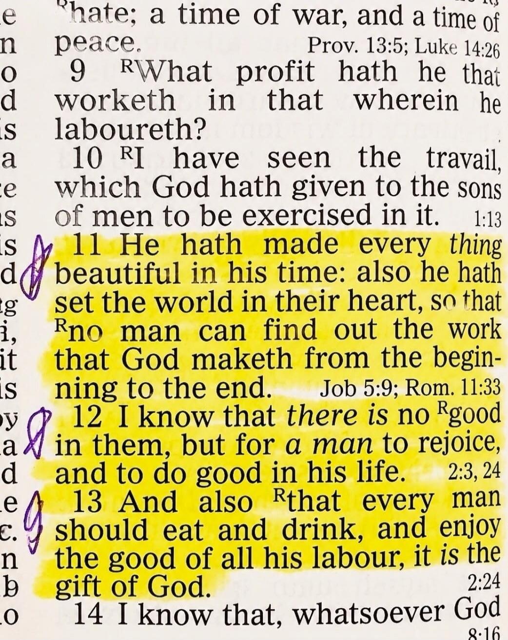 hate; a time of war, and a time of peace. Prov. 13:5; Luke 14:26 9 RWhat profit hath he that worketh in that wherein he laboureth? 10 RI have seen the travail, which God hath given to the sons of men to be exercised in it. 1:13 11 He hath made every thing beautiful in his time: also he hath set the world in their heart, so that Rno man can find out