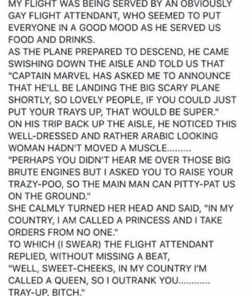 MY FLIGHT WAS BEING SERVED BY AN QBVIOUSLY GAY FLIGHT ATTENDANT WHO SEEMED TO PUT EVERYONE IN A GOOD MOOD AS HE SERVED US FOOD AND DRINKS AS THE PLANE PREPARED TO DESCEND HE CAME SWISHING DOWN THE AISLE AND TOLD US THAT CAPTAIN MARVEL HAS ASKED ME TO ANNOUNCE THAT HELL BE LANDING THE BIG SCARY PLANE SHORTLY SO LOVELY PEOPLE IF YOU COULD JUST PUT YOUR TRAYS UP THAT WOULD BE SUPER ON HIS TRIP BACK U