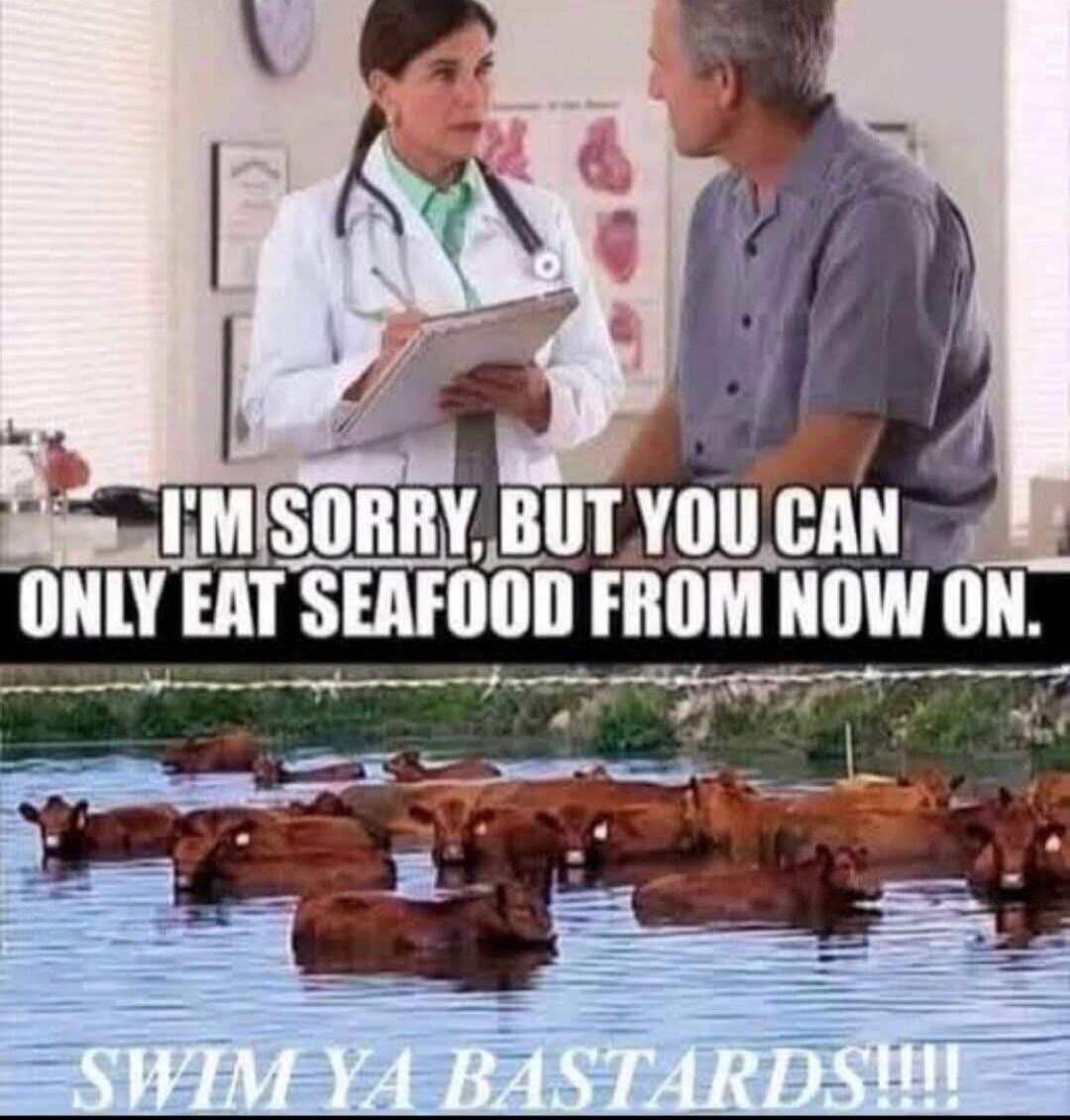 I'm sorry, but you can only eat seafood from now on. Swim ya bastards!!!!
