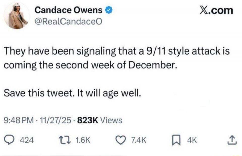 They have been signaling that a 9/11 style attack is coming the second week of December. Save this tweet. It will age well.