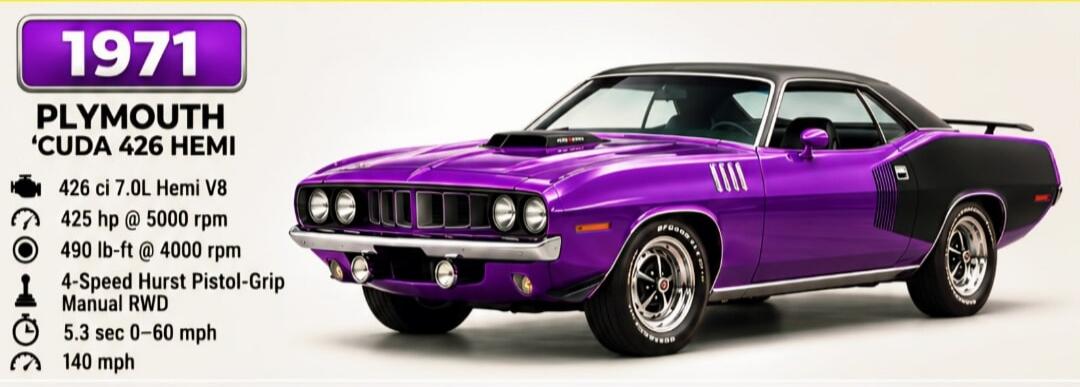 1971 Plymouth 'Cuda 426 Hemi. Specifications include a 426 ci 7.0L Hemi V8 engine, 425 hp at 5000 rpm, and 490 lb-ft at 4000 rpm. It features a 4-Speed Hurst Pistol-Grip Manual RWD transmission. Performance figures are 5.3 seconds for 0-60 mph and a top speed of 140 mph.