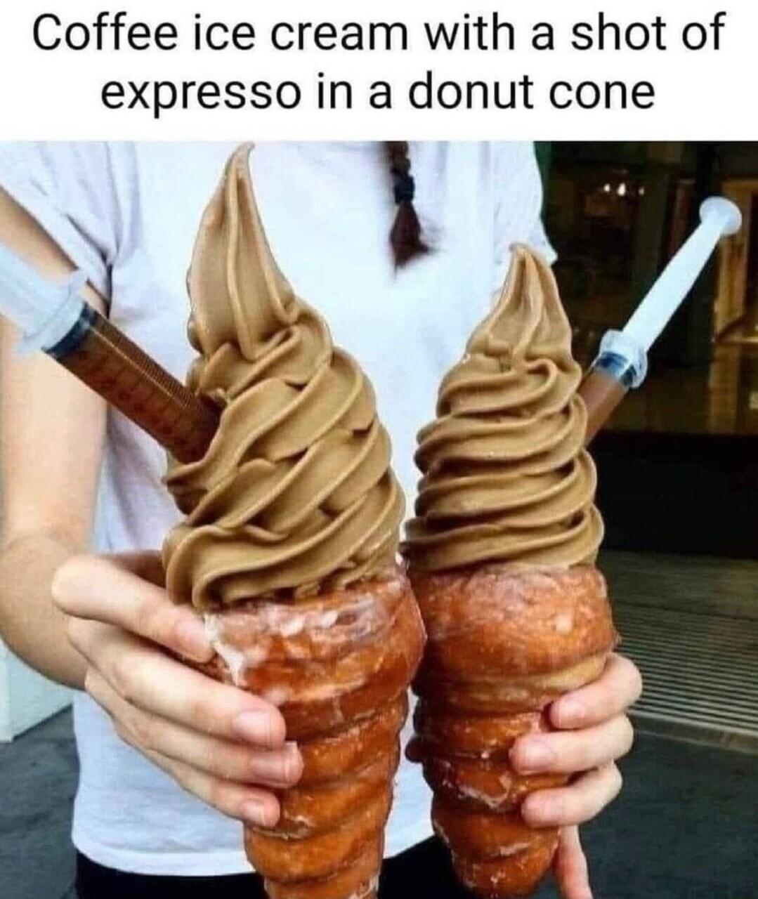 Coffee ice cream with a shot of expresso in a donut cone