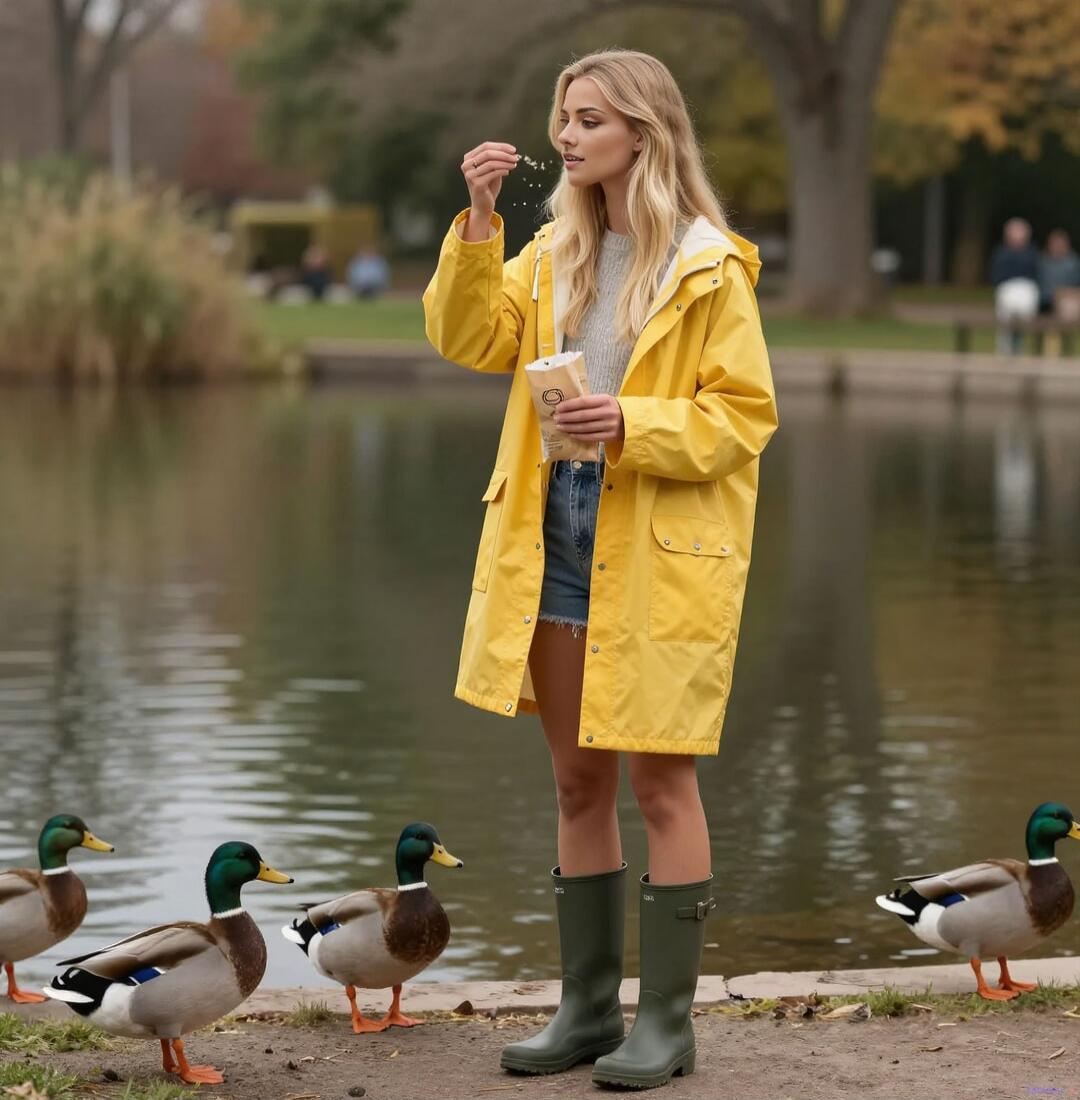 A woman in a yellow raincoat feeding ducks by a pond.