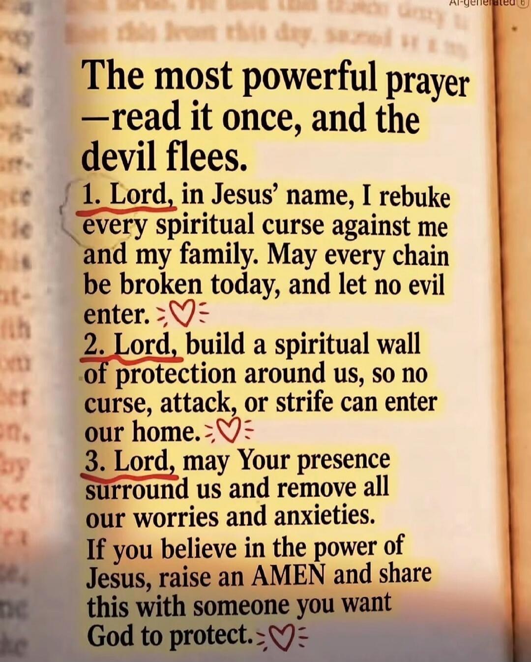 The most powerful prayer — read it once, and the devil flees. 1. Lord, in Jesus' name, I rebuke every spiritual curse against me and my family. May every chain be broken today, and let no evil enter. 2. Lord, build a spiritual wall of protection around us, so no curse, attack, or strife can enter our home. 3. Lord, may Your presence surround us and
